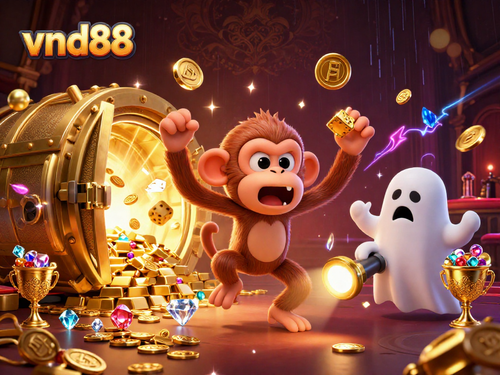 Experience thrilling gaming moments at vnd88 with a playful ghost monkey and a brave puppy in a haunted casino.