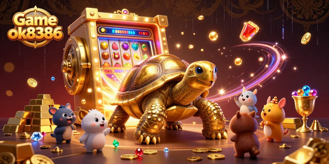 Engage with Game ok8386, illustrated with a colossal tortoise and vibrant casino elements.