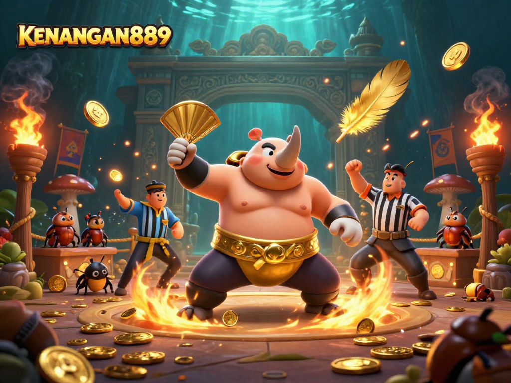 Engage in thrilling gameplay at KENANGAN889 as a sumo beetle champion battles in a vibrant arena.