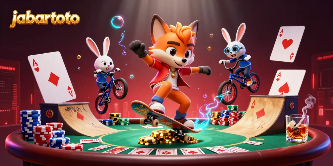 JABARTOTO menampilkan fox skateboarder 3D melakukan kickflip dengan grafiti casino di latar belakang.