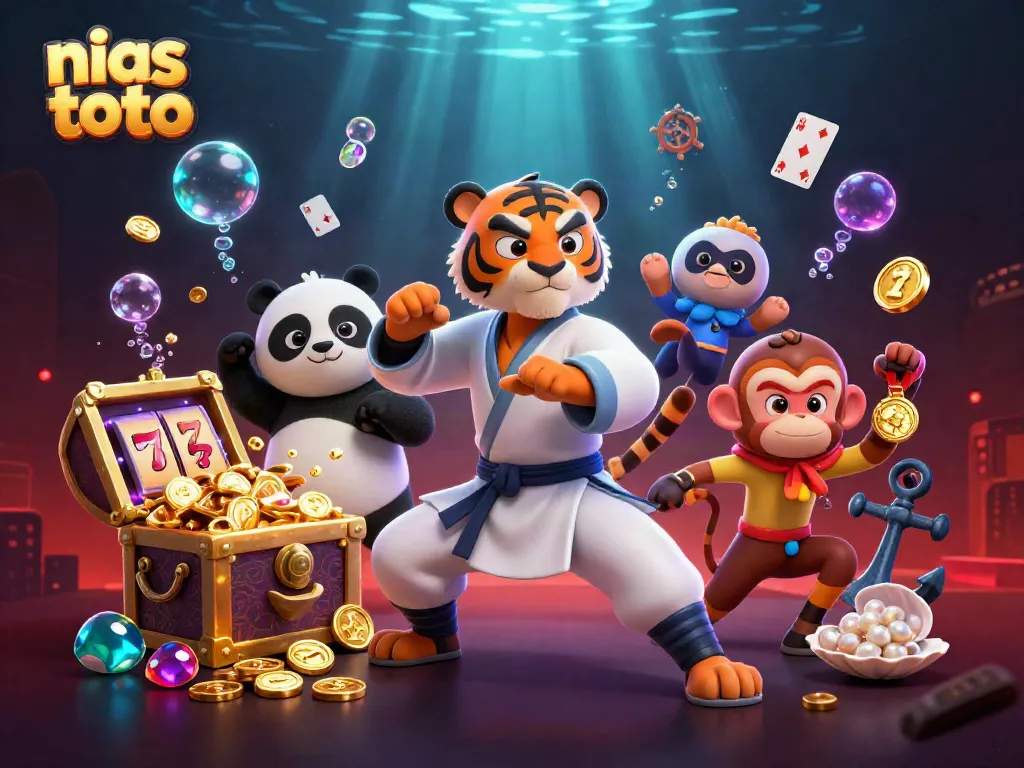 Ilustrasi permainan kasino menyenangkan dengan nias toto, harimau kung fu, panda, dan monyet