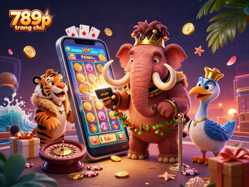 Experience thrilling gameplay with 789p trang chủ, featuring a bustling casino scene with vibrant characters and game elements.
