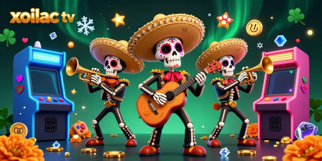 Xoilac TV elevated excitement with a vibrant mariachis band surrounded by gaming elements
