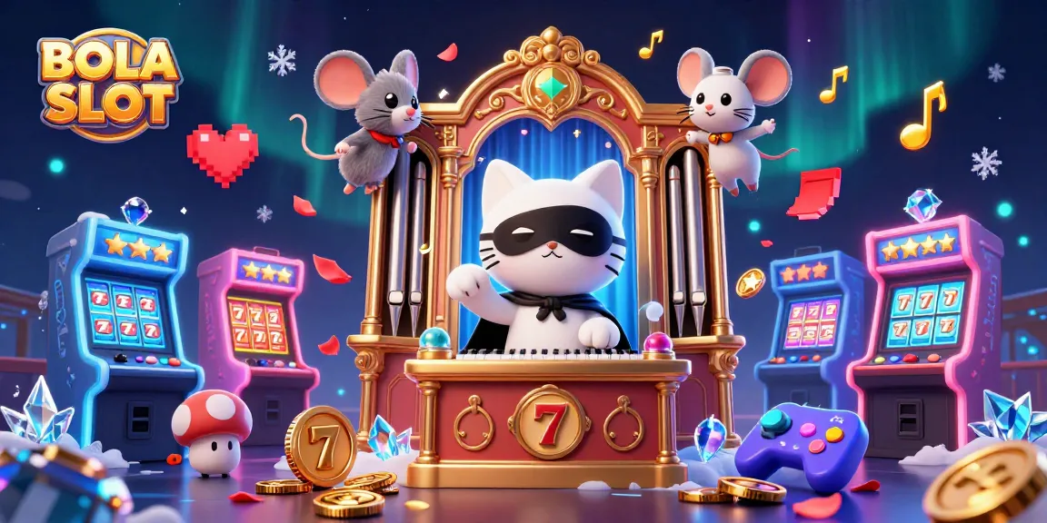 BOLA SLOT showcases vibrant 3D casino elements with slot reels and charismatic characters in action.