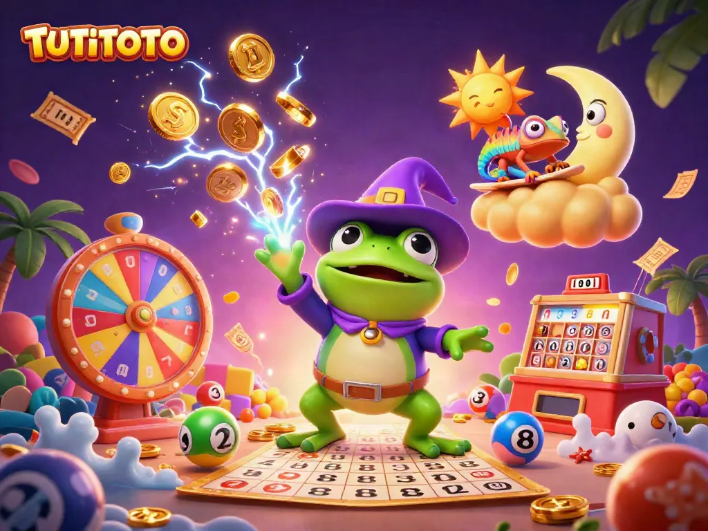 TUTITOTO showcases a vibrant scene with a weather wizard frog and rainbow chameleon celebrating in a dynamic gambling atmosphere.