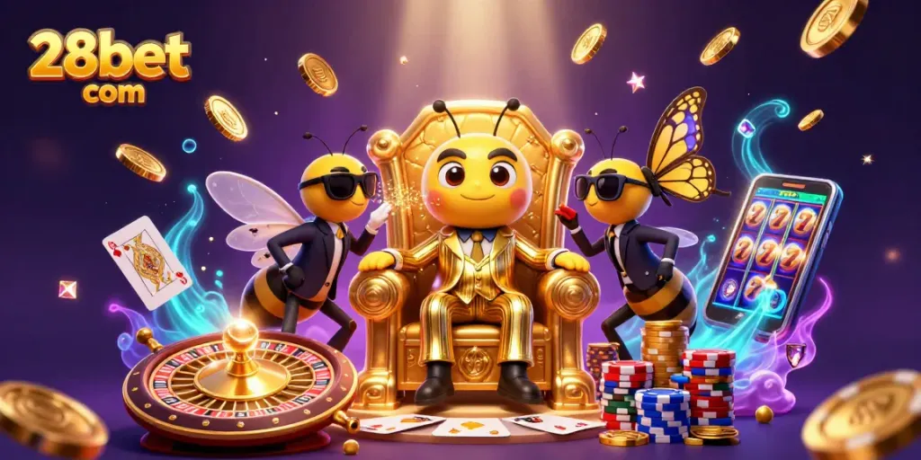 Engage with thrilling games at 28bet com with a vivid 3D casino scene featuring a bumblebee mob boss.