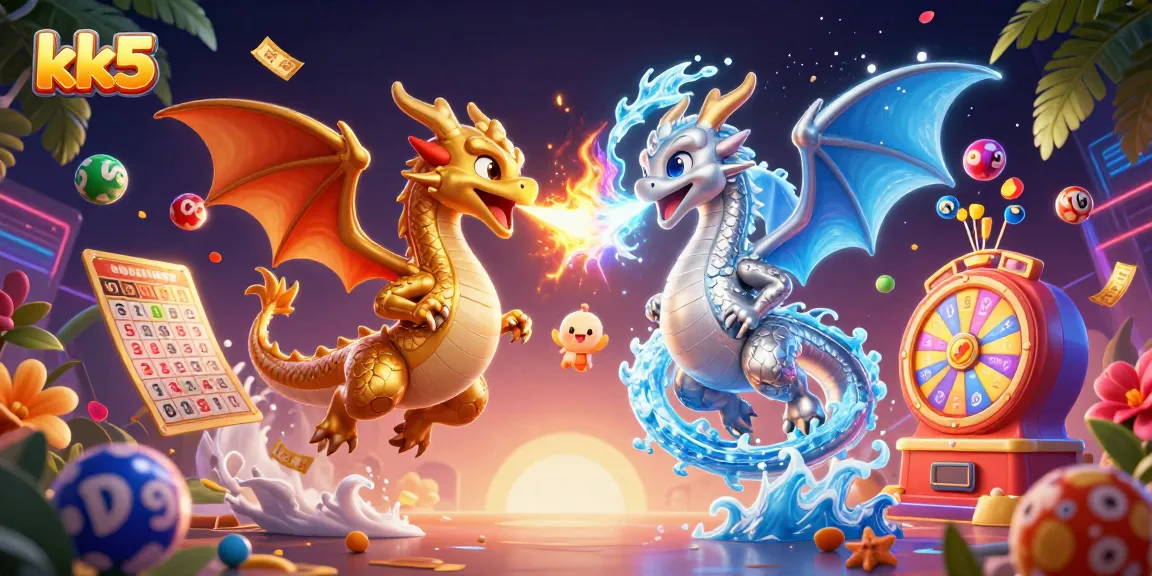 Engage in thrilling gaming at kk5, featuring dynamic cartoon dragons amidst lottery excitement.