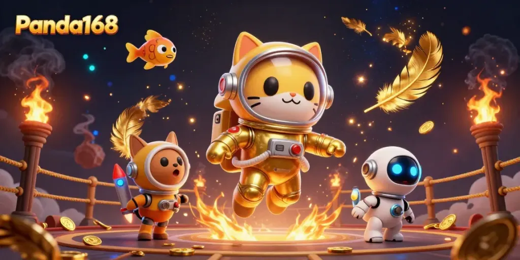 Permainan menarik di Panda168 dengan karakter kucing luar angkasa dan teman robot dalam kasino virtual.