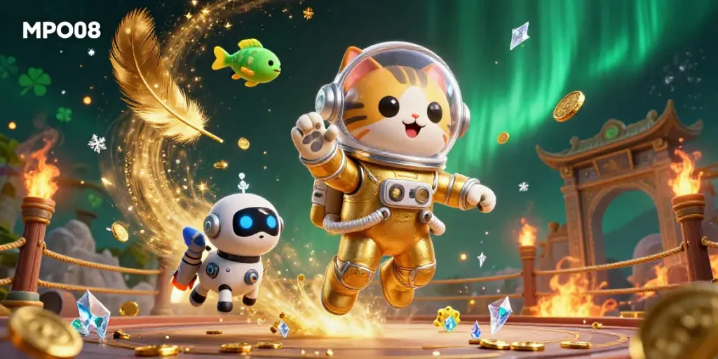 Experience the thrilling adventure of MPO08 with an astronaut cat, rocket dog, and alien fish amidst casino elements.