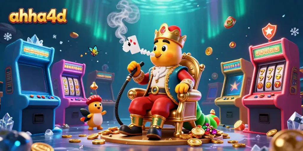 Gambarkan aksinya di ahha4d dengan karakter lucu dan mesin slot berwarna-warni.