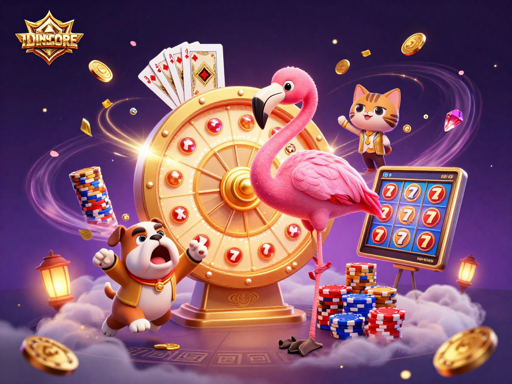 IDNSCORE showcases an exciting 3D animated scene with a game show host and vibrant casino elements.