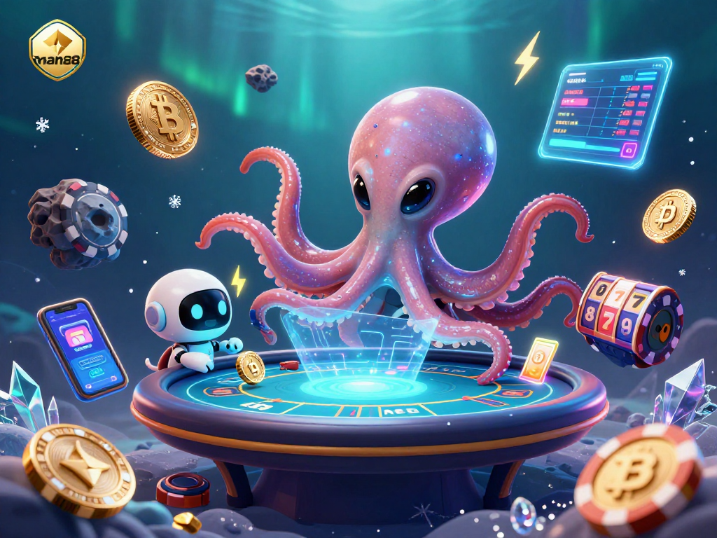 Join the exciting action at man88 as an alien octopus operates a holographic poker table with floating chips.