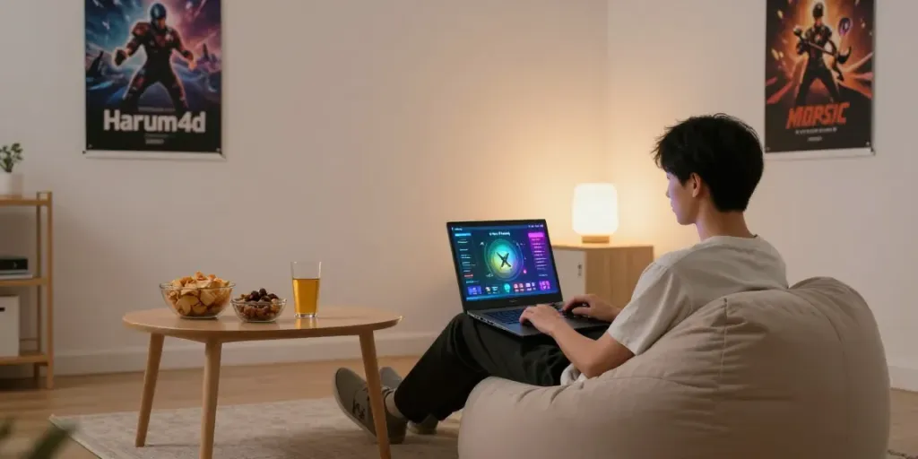 Pengguna terlibat dalam Harum4d di ruang tamu yang nyaman dengan pencahayaan LED.