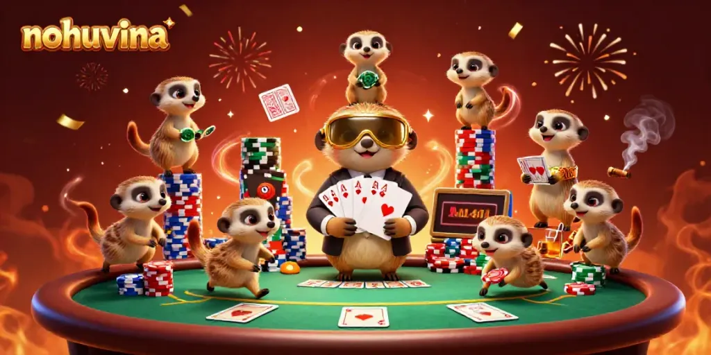 Nohuvina meerkats running a vibrant casino operation with dramatic confetti and chip towers.
