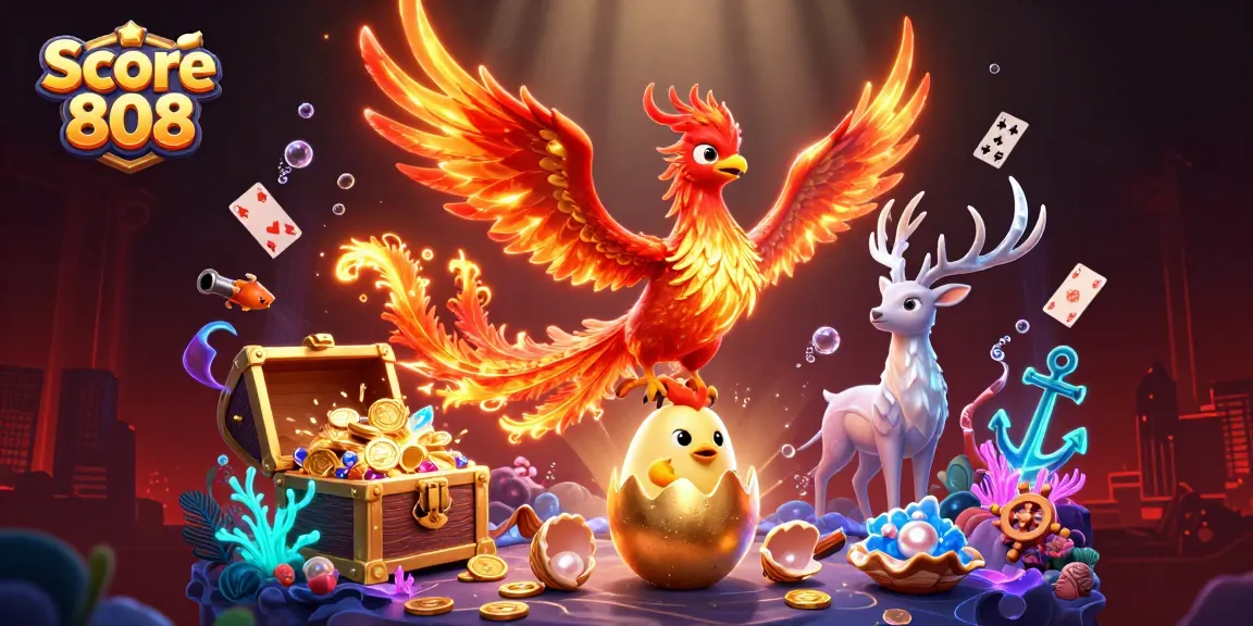 Score 808 offers players vibrant phoenix visuals amidst gold and gaming elements.