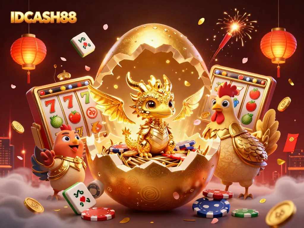 Experience thrilling gameplay at IDCASH88 with this vibrant 3D casino-themed illustration showcasing exciting symbols and characters.