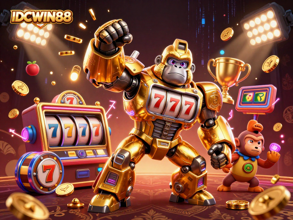 Engage with IDCWIN88's vibrant casino experience showcasing a dynamic golden gorilla mech amidst slot game elements.
