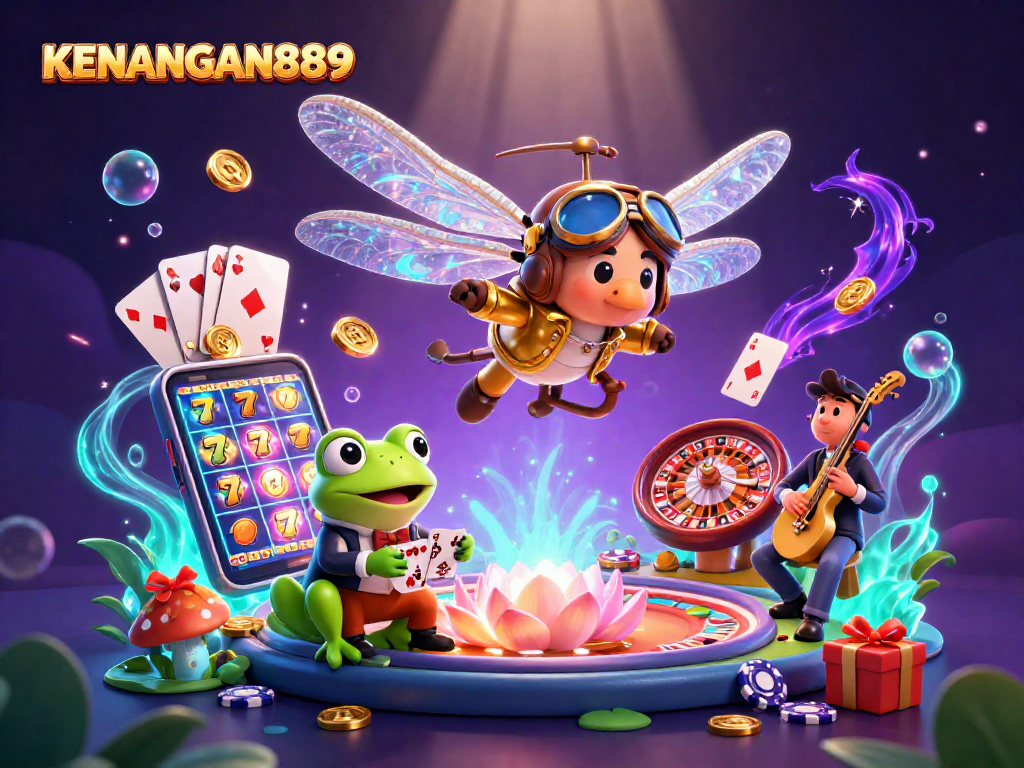 KENANGAN889 showcases a vibrant scene with a dragonfly pilot, frog dealer, and jazz musicians at a lily pad casino.