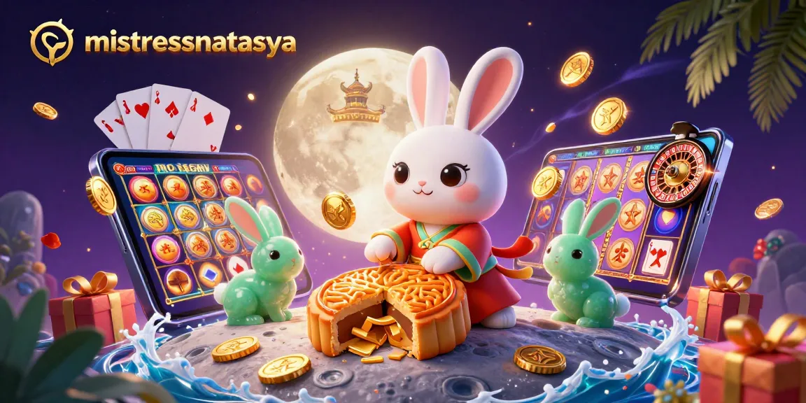 Mistressnatasya showcases a 3D cartoon scene with moon rabbits and gambling elements for online gaming.