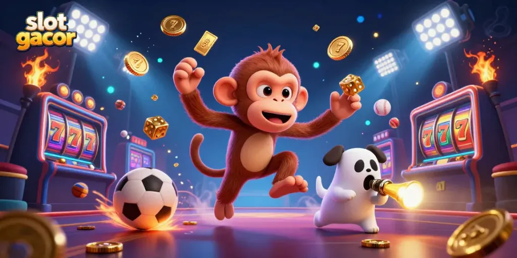 Slot gacor menggambarkan permainan slot dengan karakter lucu dalam lingkungan kasino yang hidup.