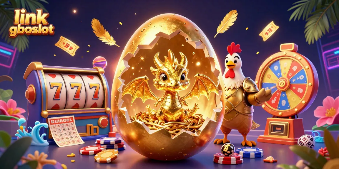 Menghadirkan link gboslot dengan karakter telur emas yang membuka, mengungkapkan naga emas dan poker chip, dikelilingi elemen permainan.