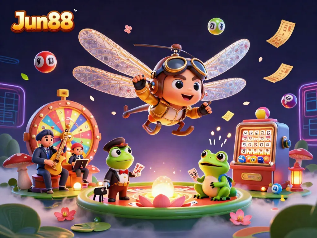 Join the exciting casino fun at Jun88 with a vibrant 3D scene of gaming elements and characters.