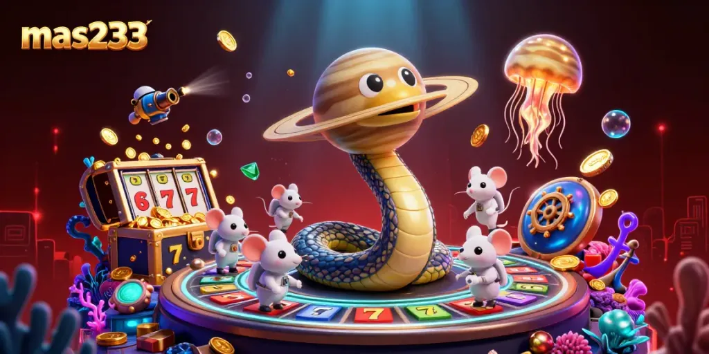 Gamer sedang bertaruh pada mas233 sambil dikelilingi harta karun laut dan elemen kasino digital.