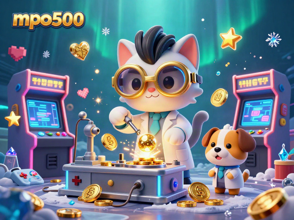 Menangkan slot di mpo500 dengan ilustrasi 3D kucing ilmuwan dan anjing asisten di lab kasino.