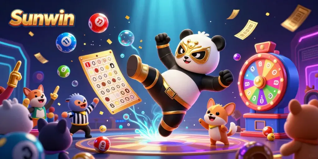 Engage in thrilling gameplay at Sunwin with a flying wrestler panda and lively animal spectators.