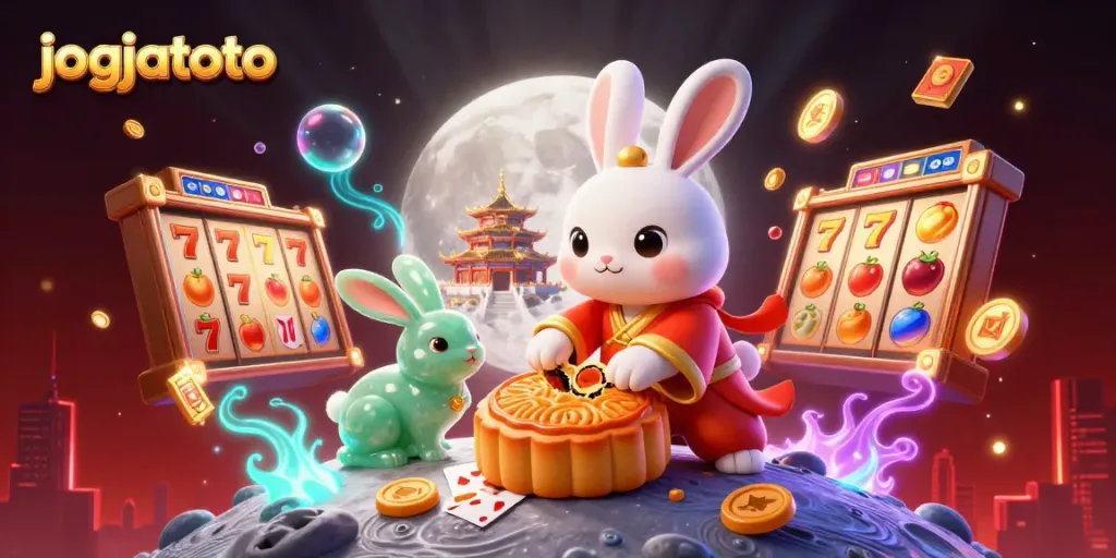 Experience the excitement of playing slots with jogjatoto featuring vibrant moon rabbits and casino elements