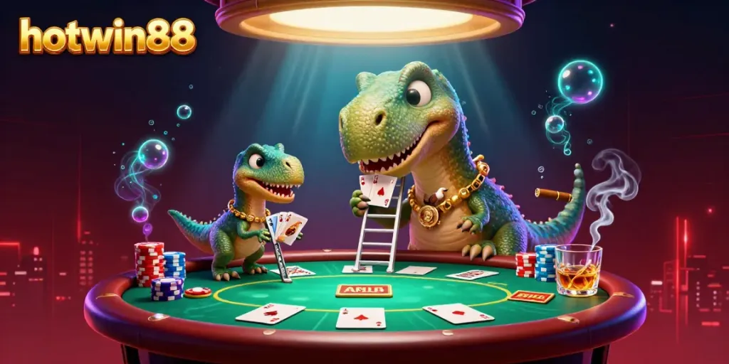 Experience excitement at hotwin88 with a whimsical cartoon scene of a brontosaurus and raptor in a bustling casino.
