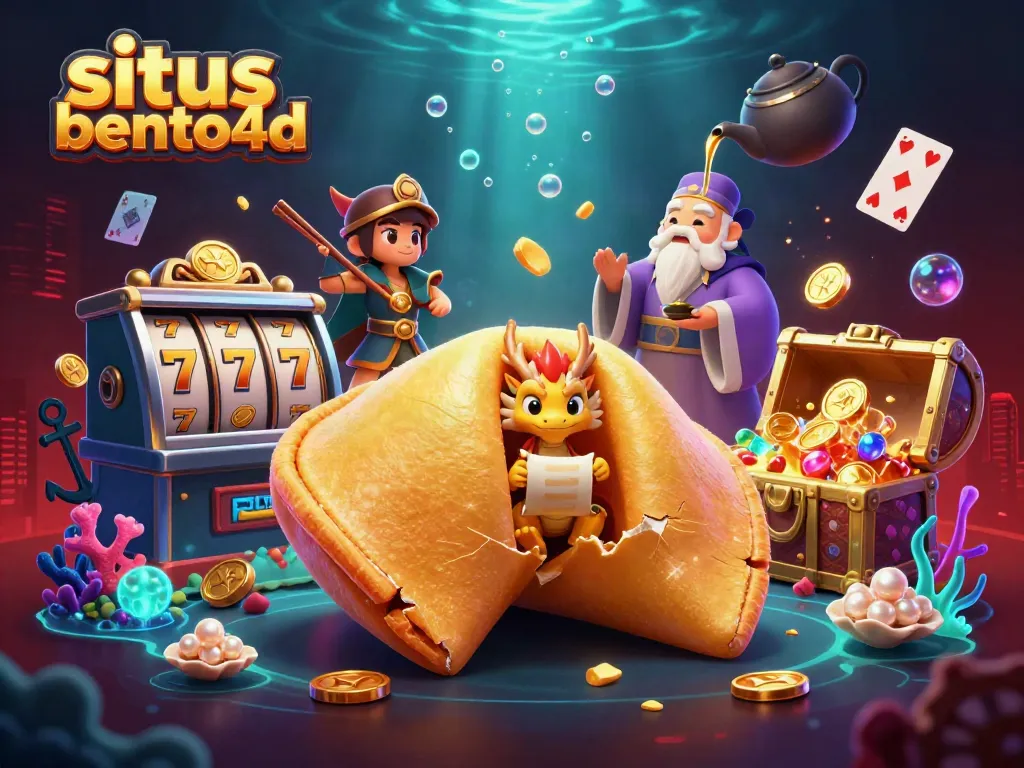 Engaging scene showcasing situs bento4d with a giant fortune cookie and treasure elements illustrating casino excitement.