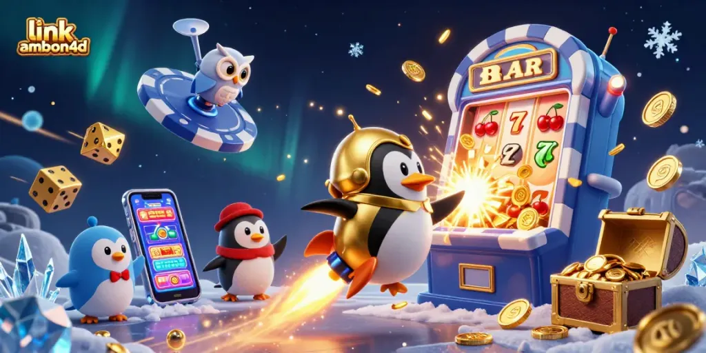 Engage with the thrill of link ambon4d as a golden penguin rockets towards a casino space station.