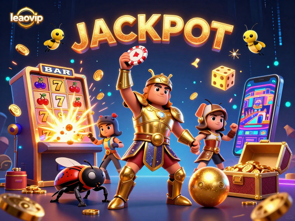 Experience the excitement of leaovip while a heroic beetle lifts a poker chip amidst jackpot elements in a vibrant casino scene.