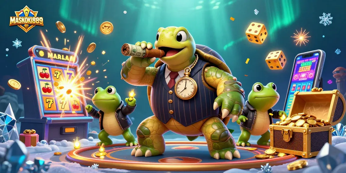 Experience the thrill of MASKOKI889 with a vibrant gaming scene featuring a snapping turtle and casino elements.