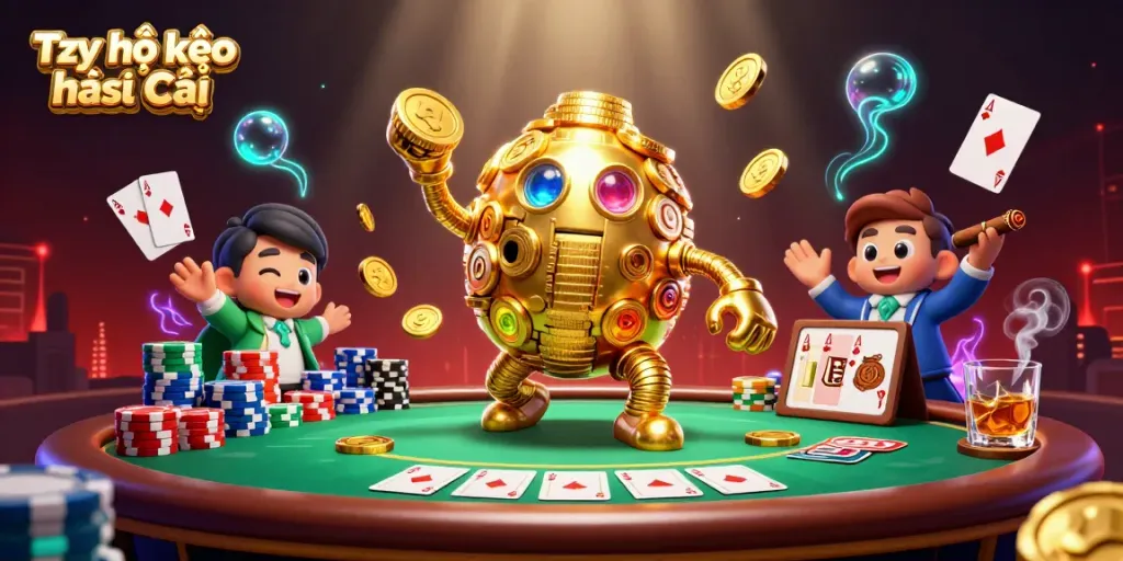 Experience the thrilling Tỷ lệ kèo nhà cái with a golden golem and vibrant poker scene.