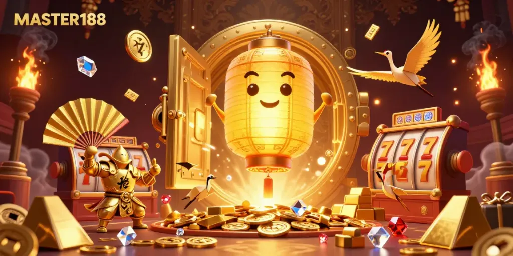 Experience the excitement of MASTER188 casino games with a vibrant 3D illustration featuring enchanting characters and dazzling slot elements.