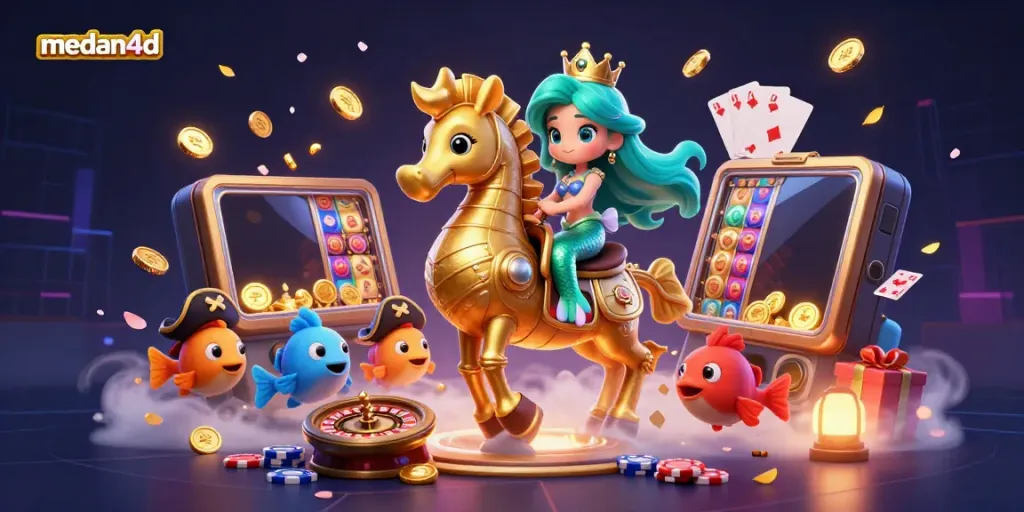 Menangkan permainan dengan medan4d melalui ilustrasi putri duyung dan kuda laut yang dinamis.