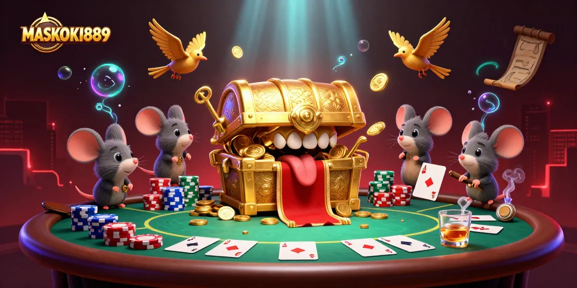 Experience the thrill of MASKOKI889 with a vibrant 3D casino scene featuring poker elements and adventurous mice.