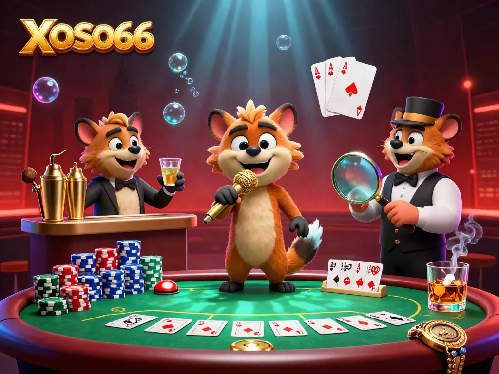 XOSO66 cartoon hyenas run a lively comedy casino club scene with gambling elements and vibrant atmosphere
