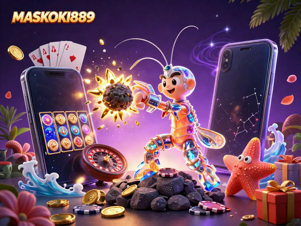 Experience the excitement of MASKOKI889 with a galactic samurai mantis shrimp and vibrant casino elements.