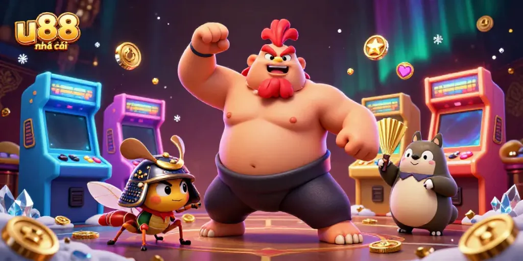 Engage with the exciting world of u88 nhà cái through vibrant 3D digital illustration of playful characters and casino elements.