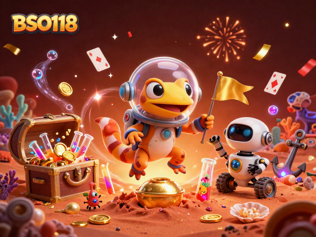 Engage with BSO118 at a vibrant alien casino scene where Martian characters unveil hidden treasures.