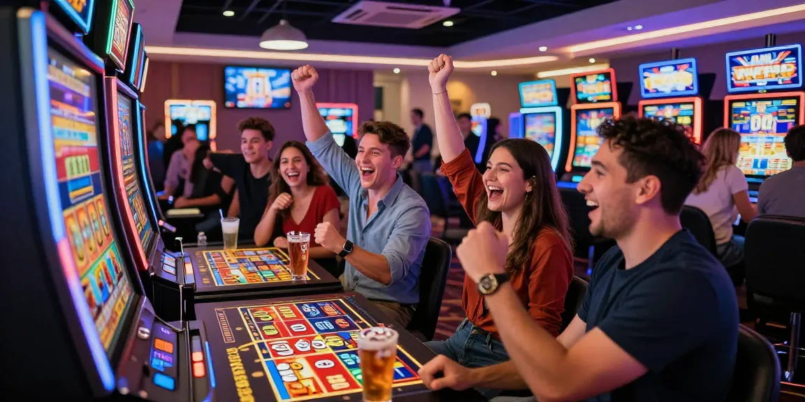 Slot Gacor: Pemain kasino merayakan kemenangan di mesin slot yang berwarna-warni.