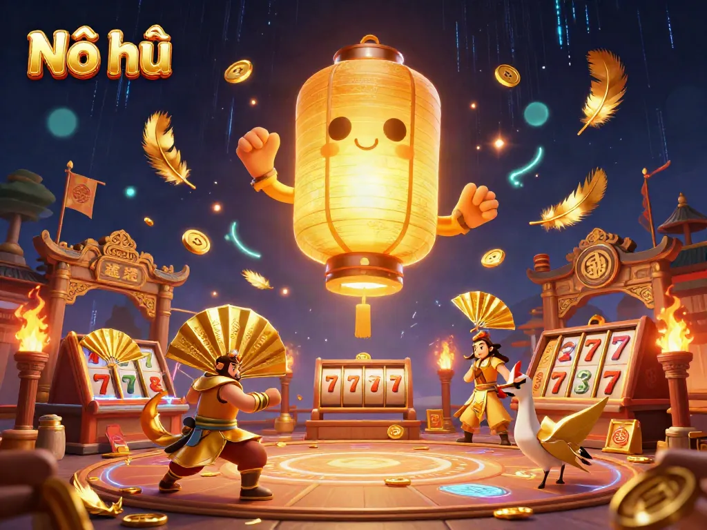 Nổ hũ expressive 3D illustration showcasing a giant golden lantern in a vibrant casino scene, featuring slot reels.