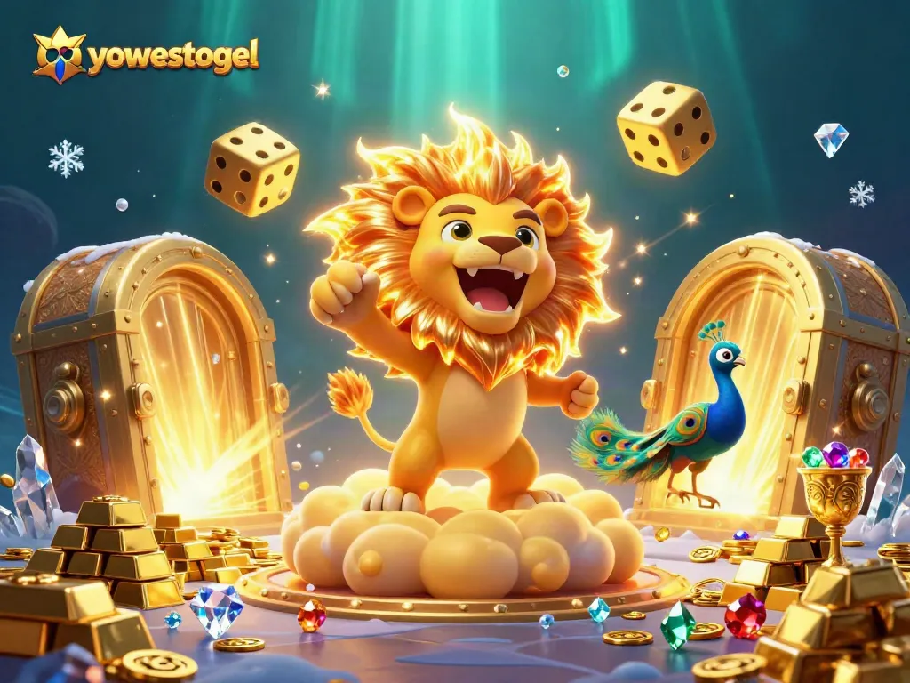 Engage with yowestogel's thrilling casino adventure featuring a roaring lion, golden dice, and treasures.