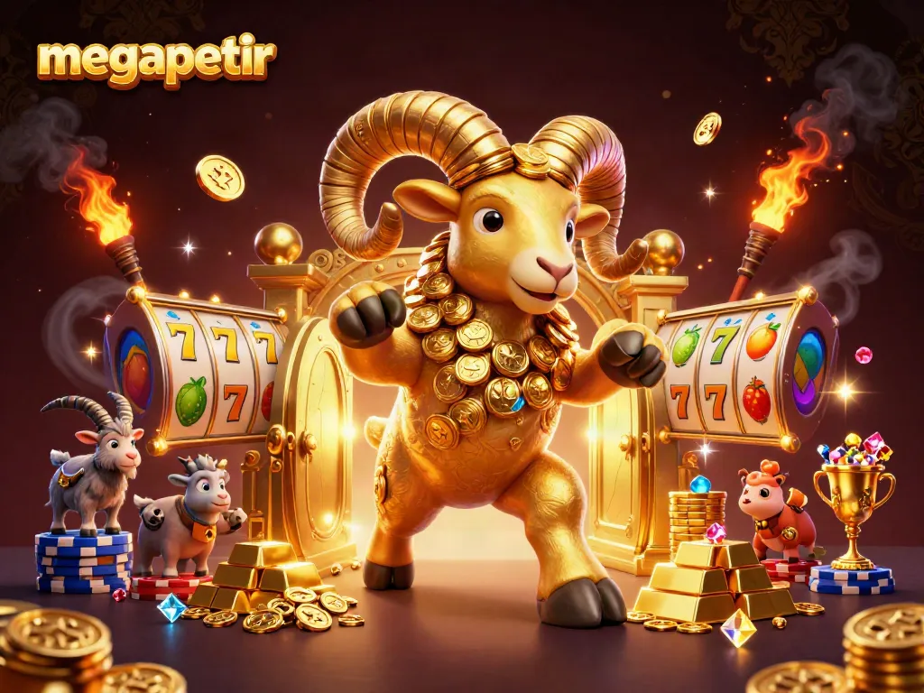 Megapetir menampilkan seekor domba emas raksasa dengan simbol slot dan koin berkilau, menggambarkan keseruan bermain slot.