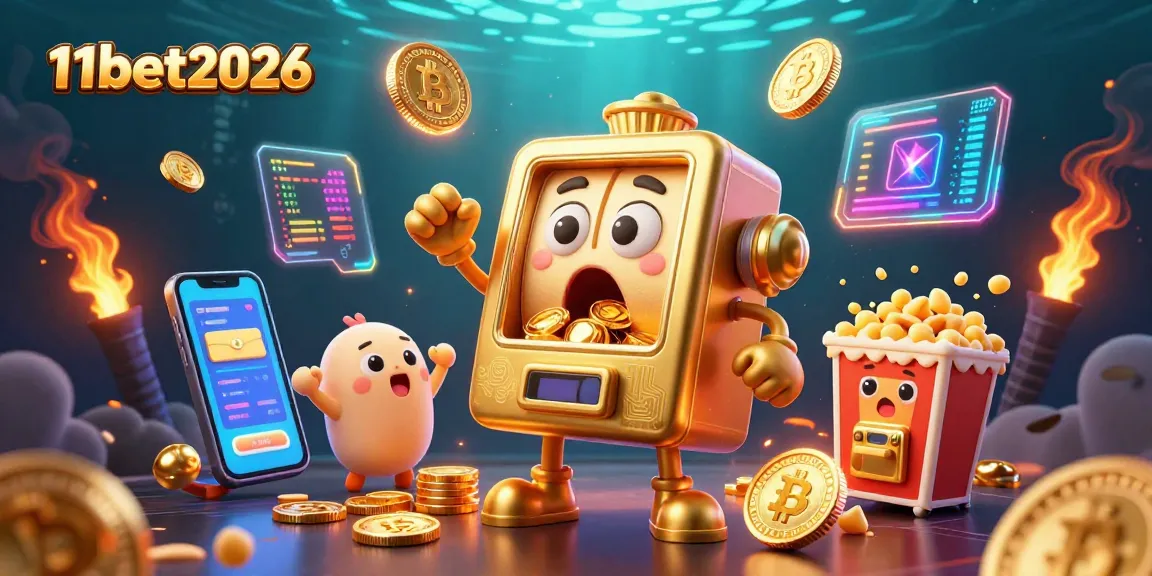 11bet2026 slots jackpot scene with gold coin explosions and crypto elements, showcasing vivid casino life.