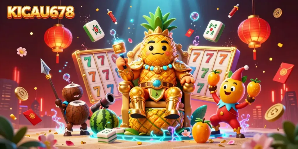 Experience the vibrant casino energy with KICAU678, featuring a golden pineapple king and dynamic game elements.