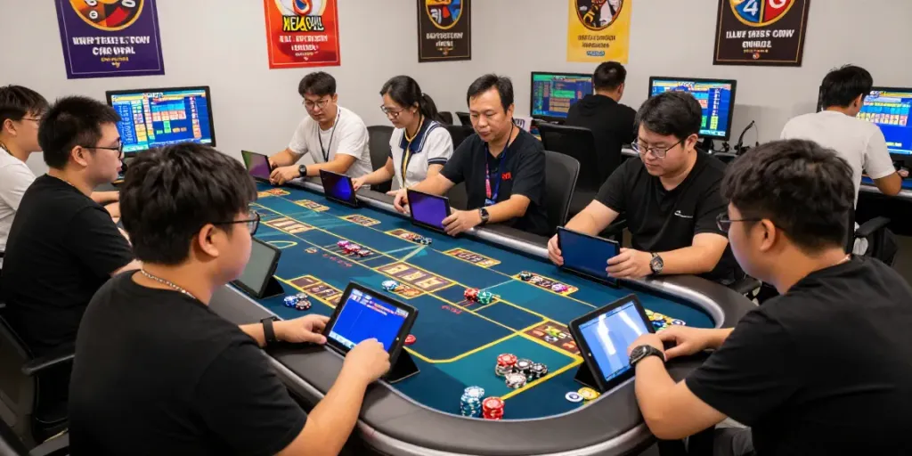 Suasana permainan togel 4D yang ramai di BAGUSTOTO, menampilkan pemain bersemangat dengan perangkat digital dan chip permainan.